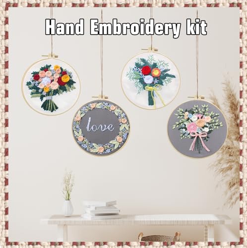 CanVrinxol 4 Sets Christmas Embroidery Kits for Adults Beginners, Cross Stitch Kits with Patterns, Hoops, Threads, Needles & Tools, DIY Craft Gift Ideas (Flower) - style: Flower