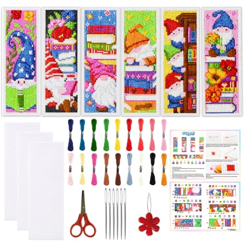 ORIGACH 6 Set Gnome Reading Cross Stitch Bookmark Kit for Beginner - style: Gnome Reading