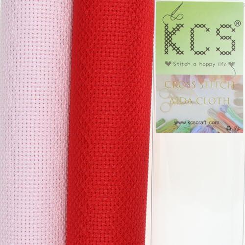KCS 2 pc of 15" x 18"(38cmx45cm) Counted Cross Stitch Cotton Aida Cloth Needlework Fabric Box (Pink+Red, 14CT) - color: Pink+red, size: 14CT