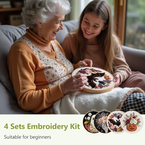 Santune Halloween Embroidery kit,Fall Needlepoint Cross Stitch Kits for Beginners Adult,Needle Point Sets,4 Embroidery,2 Hoops,Halloween Ornaments - color: Halloween Series