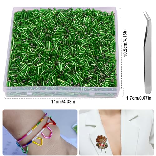 4000pcs Rose Bugle Beads Bulk -Embroidery Beads,Long Tube Bead for Jewelry Making, Bracelet Necklaces Supplies,Craft DIY(7x2mm) - color: Grass green