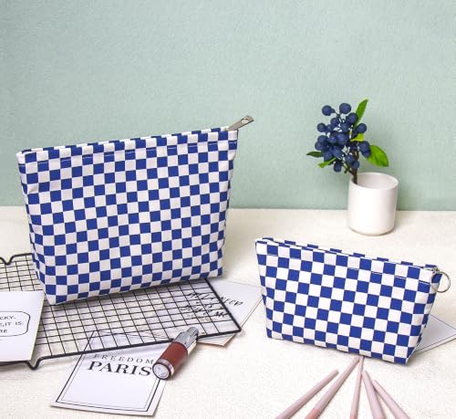 getgto 2 Pcs Makeup Bags, Large Cosmetic Bag Travel Toiletry Bag - color: Blue Checker