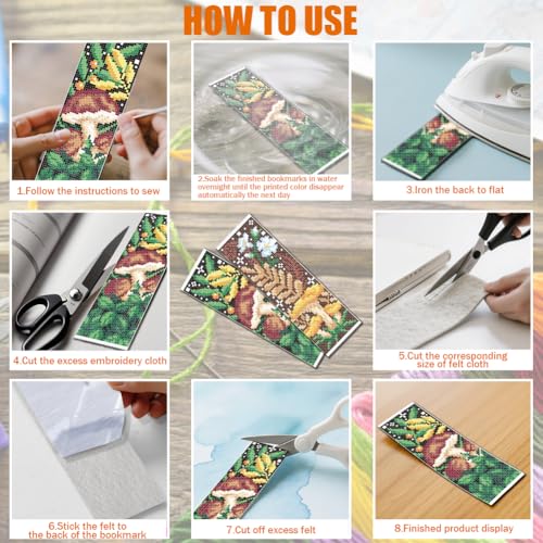 FREEBLOSS 6 Set Cross Stitch Bookmark Kit for Beginner Adults Mushroom Stamped Embroidery Bookmark Kits Cross Stitch Kits with Instruction Bookmarks Making Kit for Book Lovers 8x2.4in/22x8cm - style: Mushroom