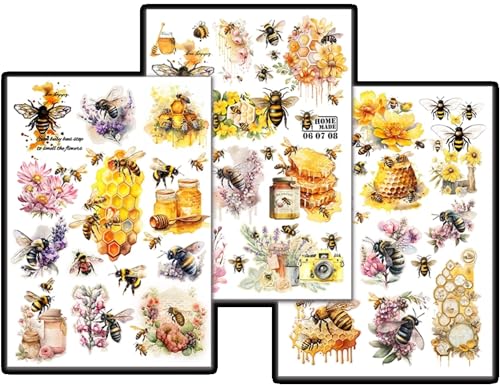 Vintage Honey Bee Rub-on Transfer Stickers Decals, 8.3 x 5.9 Inch, 3 Sheets Bee Design for Paper Crafts