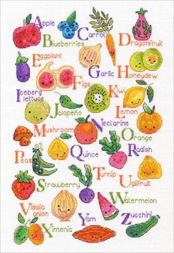 Dimensions Fruits & Veggies Counted Cross Stitch Kit for Beginners, 14 Count White Aida Cloth, 14 Count White Aida Cloth, 10'' x 14'' - color: Fruits & Veggies