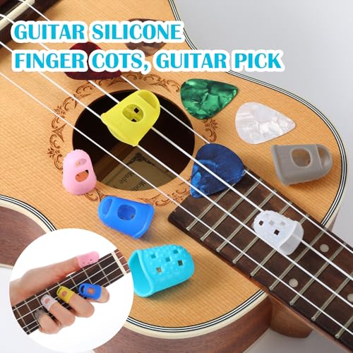 Guitar Fingertip Protectors, 30 Pcs 5 Sizes Soft Silicone Finger Tips Protectors with 10 Picks and Storage Box for Acoustic Electric Guitar Ukulele Banjo Mandolin