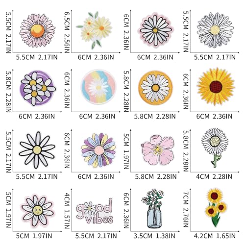 16pcs Daisy Iron/Sew on Patches, Cute Flower Embroidered Applique, Fashion Decoration for Clothes, Hat, Bag, Dress, Shirt, Jeans - color: 16pcs Daisy
