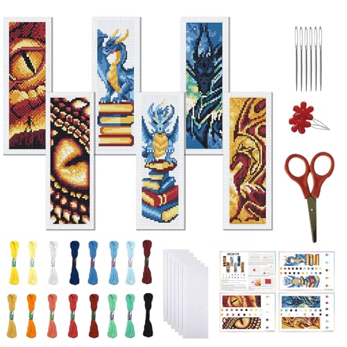 FREEBLOSS 6 Set Cross Stitch Bookmark Kit for Beginner Adults Dragon Stamped Embroidery Bookmark Kits Cross Stitch Kits with Instruction Bookmarks Making Kit for Book Lovers 8x2.4in/20x6cm - style: Loong