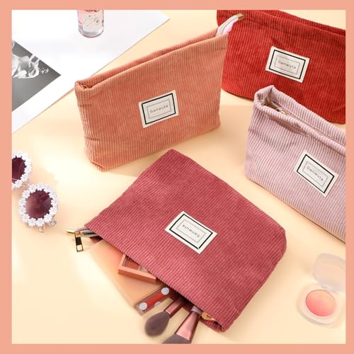 Sanwuta 4 Pack Velvet Corduroy Makeup Bag Zipper Pouch,Red Series,Plaid - color: Red Series