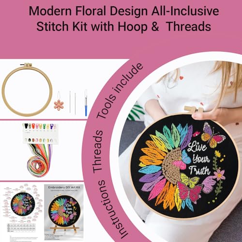 HKLIOPU Embroidery Set for Beginners Art Crafts Easy Sewing Includes Embroidery Clothes with Pattern, Hoop, Instruction Manual, Color Stitch Set,All Inclusive Starter Set,Unique DIY Gift - color: LCX006