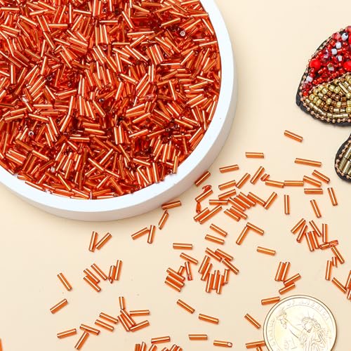 2000pcs Glass Bugle Beads, Tube Beads Bulk, Mini Long Tiny Small Waist Loose Spacer Embroidery Beaded for Bracelets Jewelry Making Sewing, Crafts, 2×6mm, Orange - color: Orange