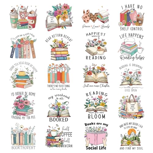 Book Lovers Iron on Transfers - 20Pcs Dtf Transfers Ready to Press, Reading Iron on Decals Patches, Vintage Flower Bookish Heat Transfer for Tshirts Hoodies Clothes Bags, Bookworms Gifts - color: Book Lovers481