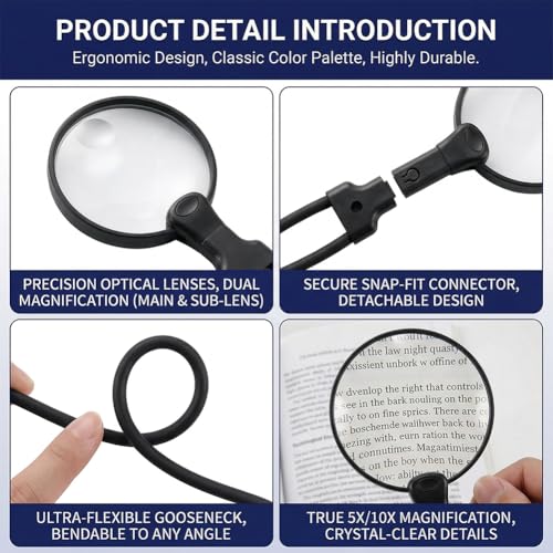 Hands-Free Magnifying Glass, 5X & 10X Dual Magnification, Neck Hanging & Desktop Stand Magnifier for Reading, Crafts, Inspection,Black - color: Black