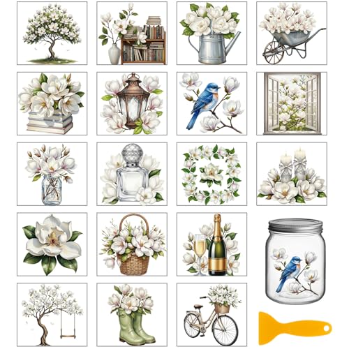 GLOBLELAND 18 Sheets White Magnolia Transfer Stickers 3.9x3.6inch Flowers Colorful Transfer Decal Rub on Transfer for Cup Decal Vase Glass Art Crafts Decorations - style: Magnolia