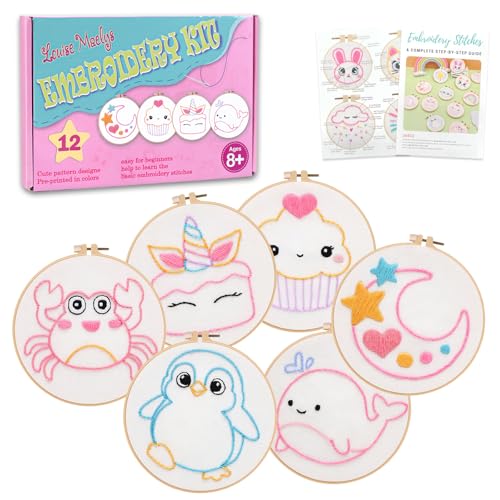 Louise Maelys Embroidery Kit for Beginners, 12 Packs Pre-Printed DIY Sewing Craft Kit,Kids Girls Cross Stitch Kit with Hoop, Threads, Needles and Scissors, Cute Animal & Cartoon Patterns, Ages 8+ - color: Kit-3