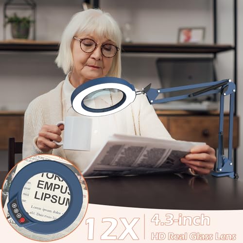 12X Real Glass Magnifying Glass with Light and Stand, LED 5 Color Modes, Stepless Dimmable Magnifying Floor Lamp, 3-in-1 Adjustable Swing Arm Lighted Magnifier Lamp with Clamp for Craft - Blue - color: Blue