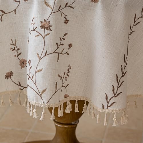 Joyfol Day Linen Waterproof Round Tablecloth with Tassels, Rustic Farmhouse Flowers Embroidery Table Cloths for Round Tables, Heavy Weight Spill-Proof Table Covers, Coffee Florals, 55 inch - color: Coffee Florals, size: 55" (Round)