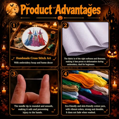 VIGEGU Witch Stamped Cross Stitch Kits for Adults Beginners with Hoop Frame - color: Witch Cross Stitch with Framed
