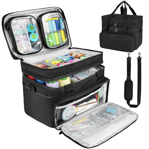 Double Layer Sewing Organizer Bag with Shoulder Strap, Black - color: Black