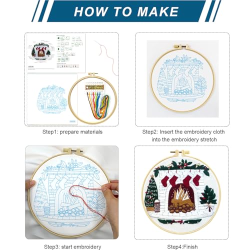 Zhenqing Christmas Embroidery Kit for Beginners - 4 Piece 29x29cm Round Designs with Embroidery Hoop, Threads & Tools (Snowy Cabin, Fireplace, Candy Cane, Holly)(C0066) - style: Snowy Cabin+ Fireplace+Candy Cane+Holly