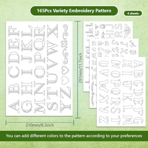 BENECREAT 4 Sheets 165PCS Alphabet Number Water Soluble Hand Sewing Stabilizers, A-Z Letters Symbol Tear Away Embroidery Stabilizers for Embroidery, Carves, Shirts, Coats, Bags, Towels