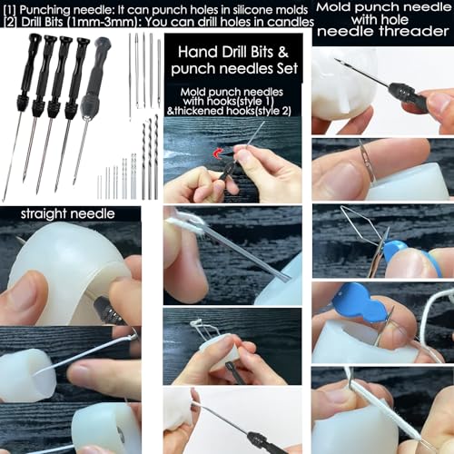 39PCS Professional Candle Making Kit with Soy Candle Wicks,Extra Long Big Hole Wicking Needle Hand Twist Drill Bits with Storage Bag,Mold Punch Set with Hook Eye for Inserting Candle&Mold Wicks - color: 39pcs