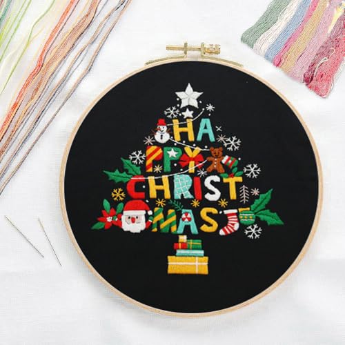 CREAWONDER Canvas Tote Bag Embroidery Kit with Pattern for Beginners, Arts and DIY Embroidery Crafts Kits for Adults, Include Instructions, Thimble, Embroidery Hoops, Color Threads and Tool - color: CR002 Christmas tree black