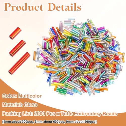 MECCANIXITY 2000pcs Glass Bugle Beads 4/6/9mm Long Tube Cylinder Beads - color: Multicolor