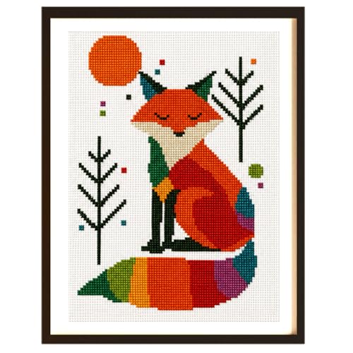 Zhenqing Rainbow Fox Cross Stitch Kit - 11CT Pre-Printed 28x38cm Fabric with Threads & Needle (No Tools) (68571) - color: Rainbow Fox