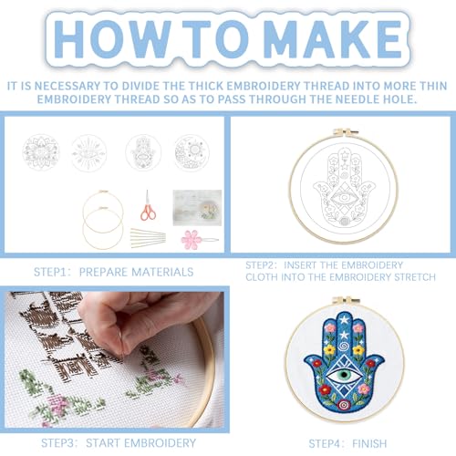 FREEBLOSS 4 Set Embroidery Kit Hamsa Pattern Stamped Embroidery Starter Kit with Step by Step Instructions, Colored Threads, 2 Hoops, Needlepoint Kits for Hand Craft Lovers Gift, 30cm/11.8inch - style: Tarot Elements