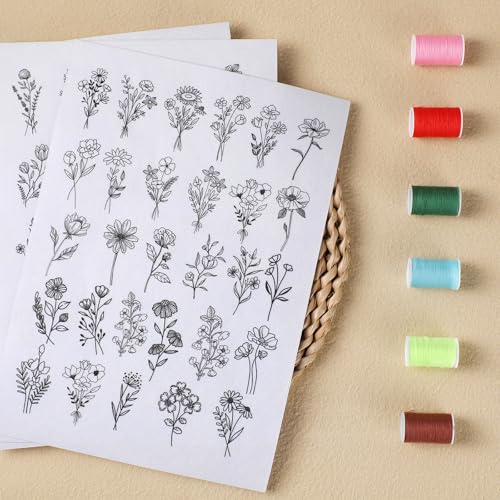 Flower Water Soluble Embroidery Patterns, 3 Sheets 80 Pcs Stick and Stitch Embroidery Papers Wash Away, Transfer Paper with Pre-Printed Floral Leaves Designs for Hand Sewing Lovers Beginners - size: Flowers