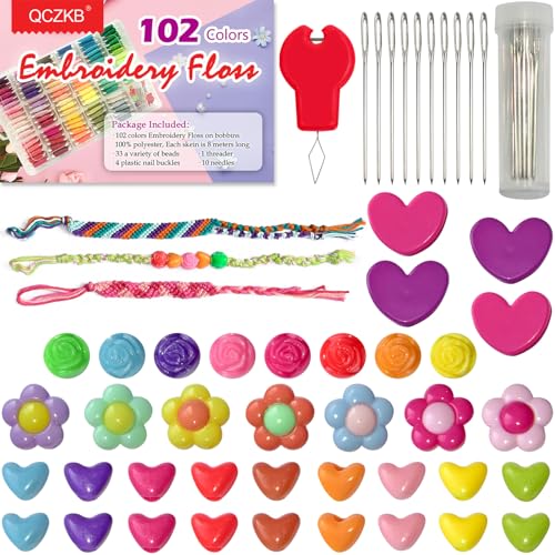 QCZKB Friendship Bracelet String 102 Skeins Fashionable Rainbow Color Embroidery Floss Cross Stitch Embroidery Thread Bracelet Yarn, Craft Floss with Beads，Tool kit