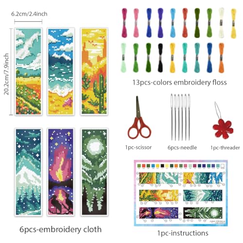 INFUNLY 6PCS Landscape Cross Stitch Bookmark Kit for Adults Mountain Cross Stitch Kits DIY Crossstitch Kits Natural Scenery Stamped Embroidery Bookmark Kit with Instructions for Book Lovers Readers - style: Scenery