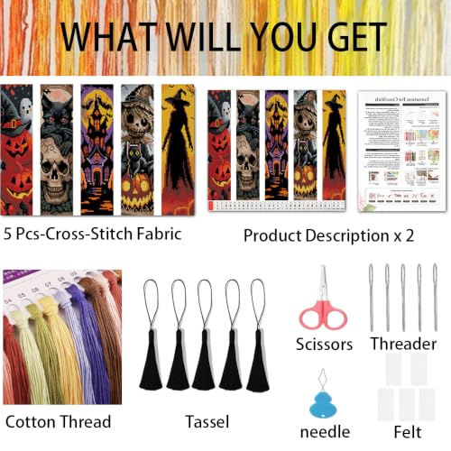 VIGEGU 5 Pack Halloween Cross Stitch Bookmark Kits for Adult Beginners - color: Halloween Cross-Stitch Bookmark - 2