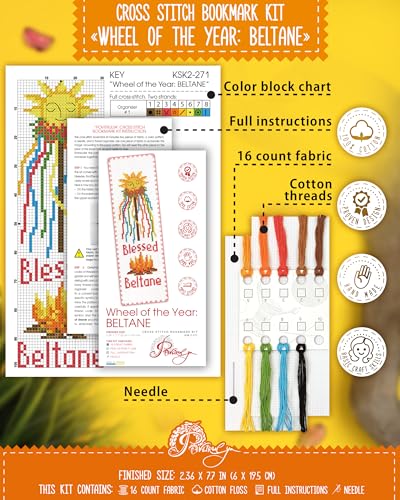 Povitrulya Cross Stitch Bookmark Kit Wheel of the Year: Beltane – Counted DIY Embroidery Set for Adults & Beginners, Pagan May Day Fire Festival Wiccan Floral Gift - color: Beltane
