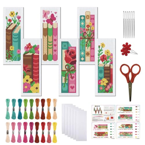 FREEBLOSS 6 Set 11CT Cross Stitch Bookmarks Kit Books Theme Stamped Cross Stitch Kit DIY Embroidery Bookmark Set with Instruction for Adults Beginners Gift for Reading Enthusiasts 20x6cm/8x2.4inch - style: Spine