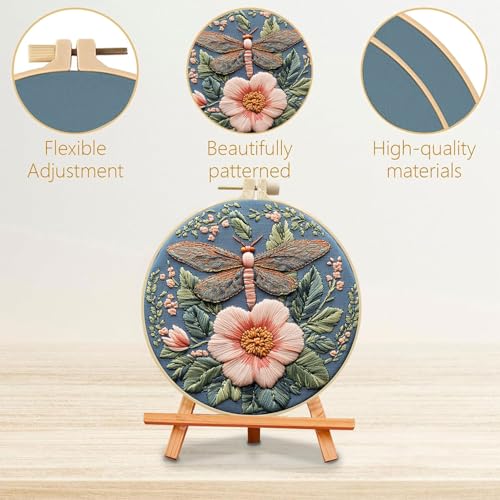 SCECALA 4 Pack Spring Floral Embroidery Kit - Blue Dragonfly Flower Hand Embroidery Kit for Beginners with Pattern, Complete Cross Stitch Supplies DIY Craft for Adults Sewing Hobby, 1pc Hoops - color: Blue Green