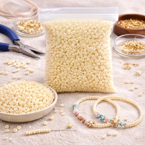 Perlin Glass Seed Beads 3mm 8/0 Round Mini Small Pony Beads 3300pcs for Making Earrings Bracelets Pendants Waist Jewelry DIY Handmade Opaque Color Kit (Cream, 2,6 mm ~ 3 mm) - color: Cream