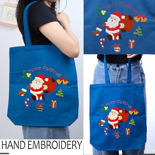 CREAWONDER Canvas Tote Bag Embroidery Kit with Pattern for Beginners, Arts and DIY Embroidery Crafts Kits for Adults, Include Instructions, Thimble, Embroidery Hoops, Color Threads and Tool - color: CR002 SantaClaus darkblue