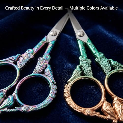 Crochet Scissors with Cover 2 Pack – Vintage Small Embroidery Scissors Set, Sharp Craft Scissors for Yarn Thread Sewing Needlework, Rainbow & Green Bronze Bird Gift for Crocheter, 4.6 Inch - color: Purple&green