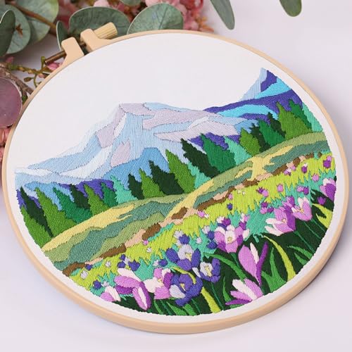 Harimau Adult Beginner Embroidery Starter Kit Natural Landscape Patterns, Complete Set with 4 Patterns, 2 Hoops, Needles, Scissors, Instruction Guide & Stitching Video Tutorials - color: Blue Mountain