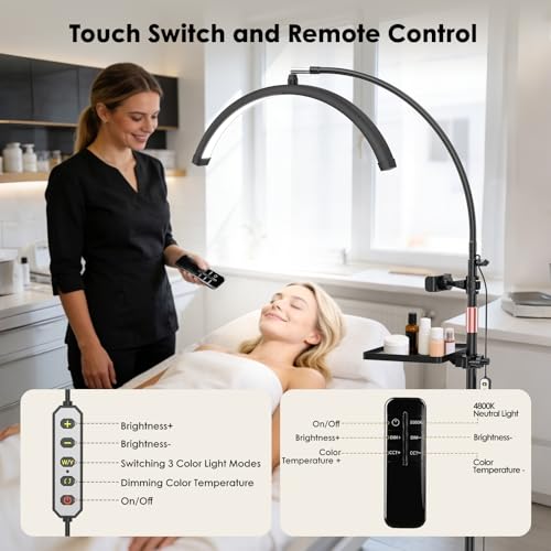 Lash Light, 2500LM Half Moon Light with Tool Tray, 2X Magnifier, Phone Holder for Nail Art, Tattoo, Eyelash Extension, SPA Lighting, Floor Esthetician Lamp with Color & Brightness Adjustment - color: Black
