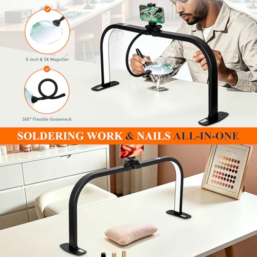 Half Moon Nail Light for Desk with 5X Magnifier & Phone Holder - color: Black