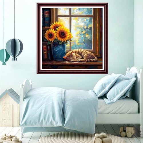Funchey Counted Cross Stitch Kits for Adults Needlepoint Kits Unprinted Cross Stitching Embroidery Kit 11CT Cross Stitch Supplies-Window sill Sunflower cat 18x18 inch - color: ArtsKits12