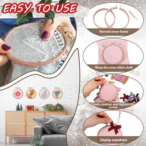 Beeveer 12 Sets 3 Inch Beech Wood Embroidery Hoops with Bows Rope Xmas