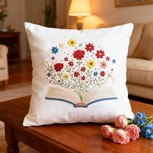 BEUNITONE 6 Set Books Flowers Embroidery Kit for Adult Beginners with Hoops and Instructions Literary Themed Needlepoint Craft Kits Complete DIY Handmade Cross Stitch Set for Book Lovers Home Decor - style: Book Flower