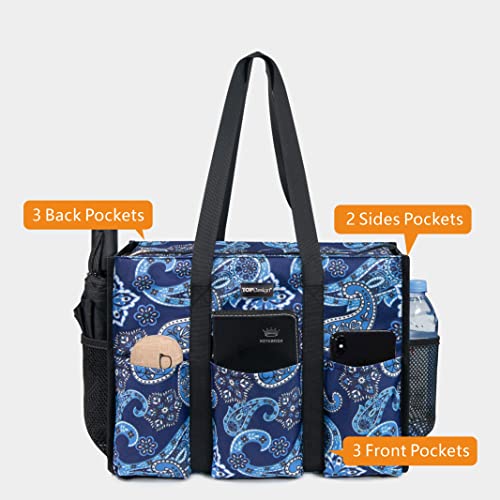 TOPDesign Utility Water Resistant Tote Bag with 13 Pockets, Zipper Closure - color: Blue Bandanna, size: Medium