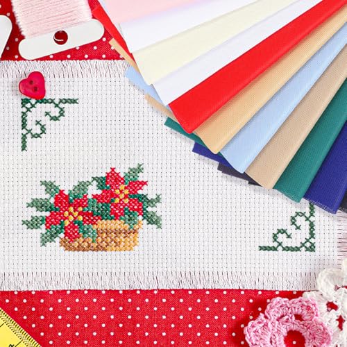12 Pcs Aida Cloth 12 Color 14 Count Cross Stitch Fabric DIY Cross Stitch for Embroidery DIY Handmade Art Craft, 11.8 x 17.7 inch