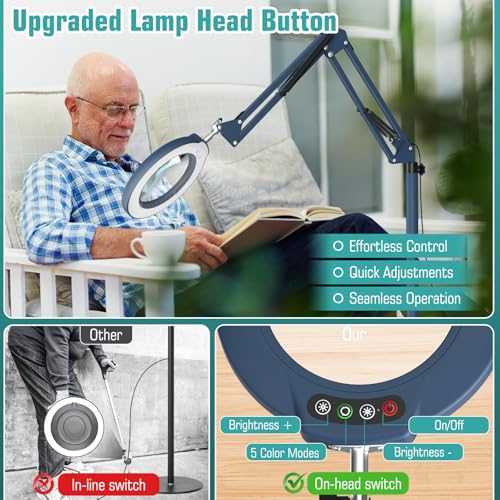 12X Magnifying Glass with Light and Stand, Real Glass Lens (Not Acrylic), 5 Color Modes, Stepless Dimmable, LED 3-in-1 Floor Lamp, Swing Arm with Clamp, Lighted Magnifier Hands Free for Crafts - Blue - color: Blue