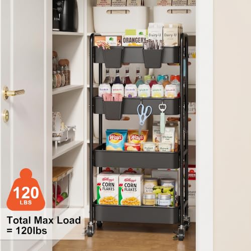4 Tier Rolling Cart Metal with Wheels, Black Storage Carts,38in Tall - color: Matte Black, size: 4 Tier + Cups + Hooks
